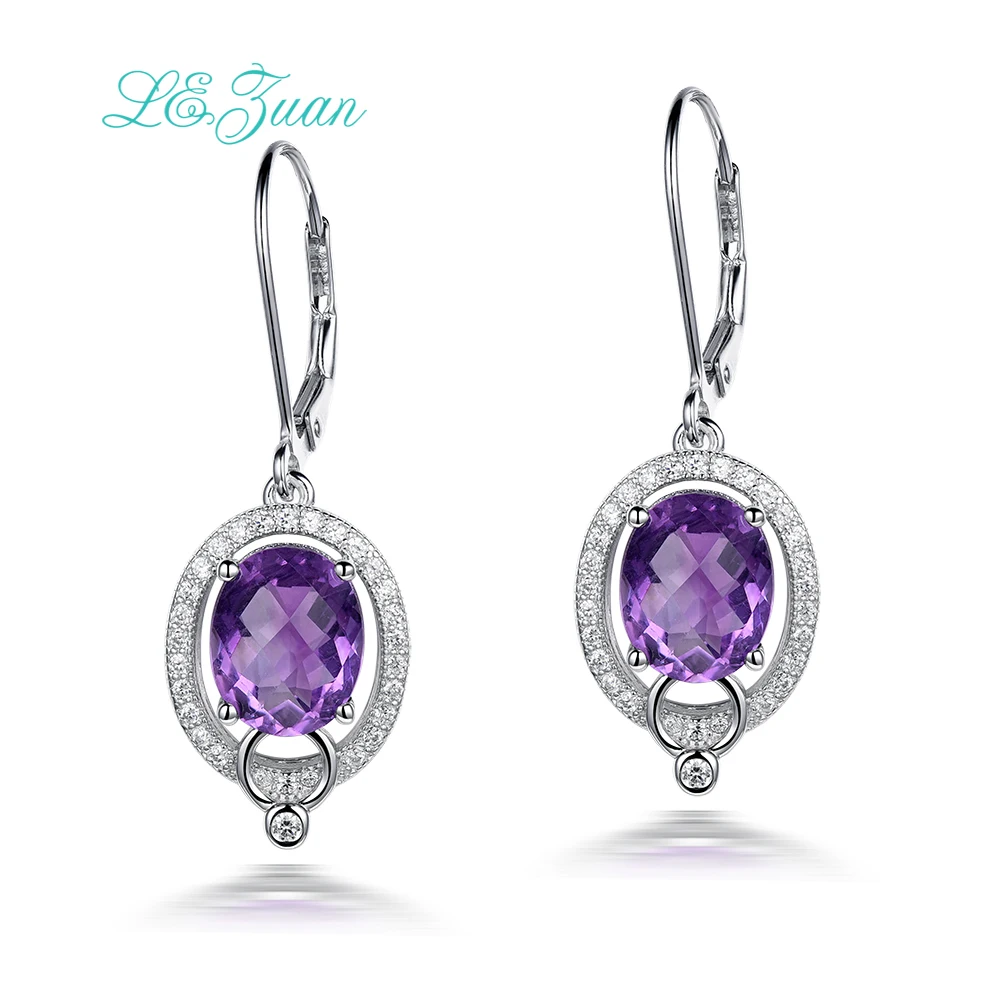 L&zuan Amethyst Drop Earrings For Women Luxury 5.05ct Checkerboard Cut Gems Natural Real 925 Sterling Silver Fine Jewelry