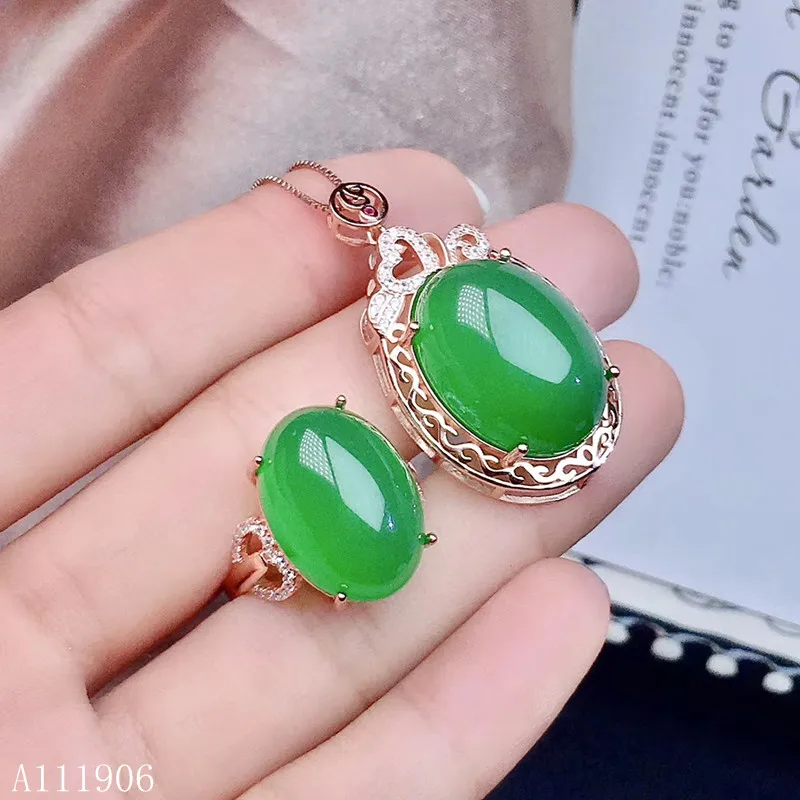

KJJEAXCMY boutique jewelry 925 sterling silver inlaid natural green chalcedony gemstone female ring pendant necklace set support