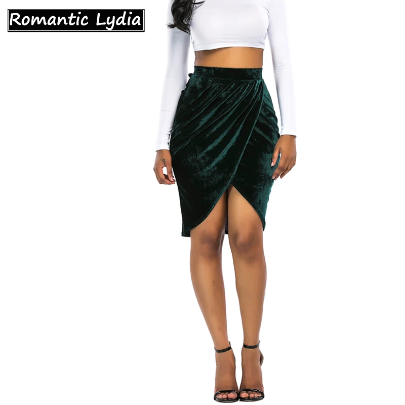 

Women Casual Above Knee Length Short Velvet Skirts Green Black Slim High Waist Velour Autumn Pencil Skirt