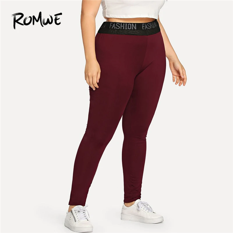 Romwe Sport Plus Size Burgundy Letter Women Fitness Yoga Tights Gym