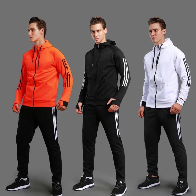 

2019 Men Hooded Sport Jacket gym running sets Football Kit For Men Running jogging Suits Clothing Sport Set Fitness Tracksuit