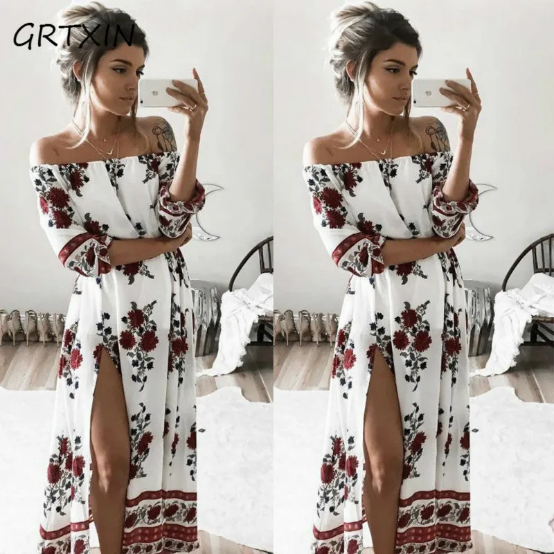

Women Ladies Clothing Dress Chiffon Floral Long Sleeve Party Flower Casual Long Maxi Dresses Women Summer Sundress