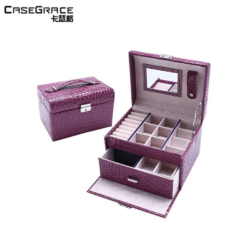 

Casegrace exquisite lock jewelry storage bins PU leather 2 layers glossy durable travel storage organizer portable boxes 01113