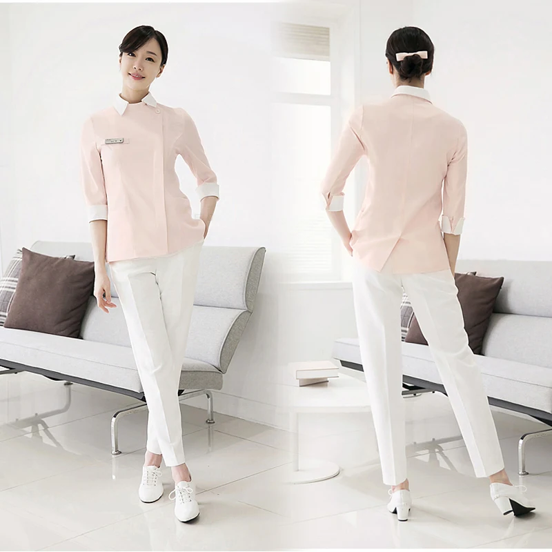 

2018 Spring/Summer Korean Cosmetic Surgery Hospital Nurse Uniform Pink SPA Uniform Set Dental Clinic Work Clothing Free Shipping