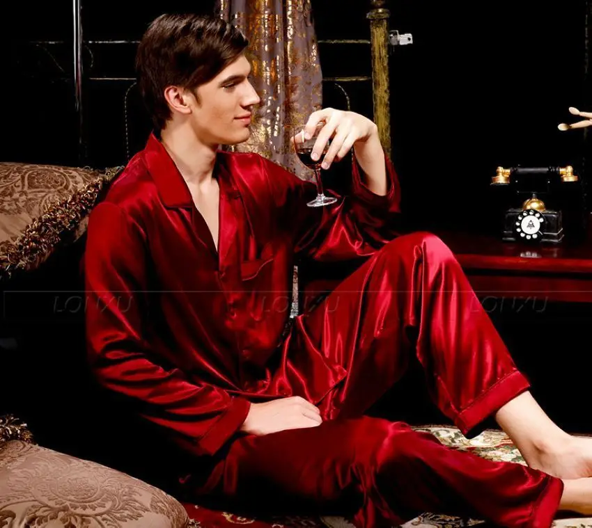Мужская шелковая атласная пижама набор пижамный комплект Пижама домашняя одежда S, M, L, XL, 2XL, 3XL, 4XL размера плюс_ подходит для всех сезонов - Цвет: Wine Red