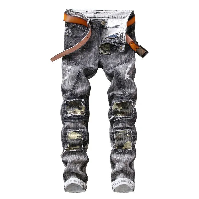 2018 мужская Ripped Тонкий Прямой Fit Байкер Джинсы с Молнией Конические Ноги
