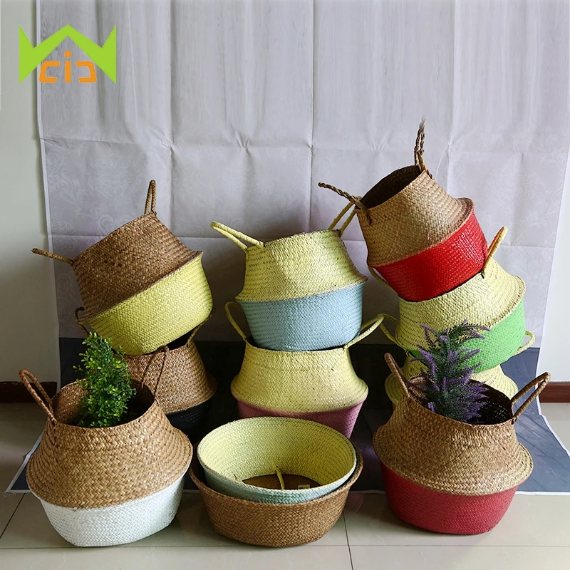 WCIC Natural Sea Grass 10 Colors Hand-Woven Flower Pot Planter Folding Plant Pot Flower Pots Decorative Garden Succulent Pot