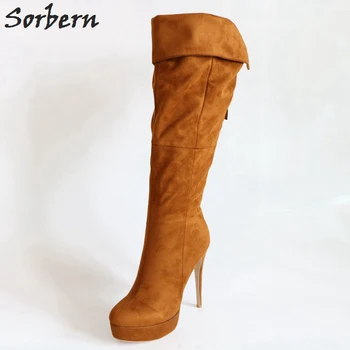 

Sorbern Brown Knee High Boots For Women Platform High Heel Shoes Ladies Turn Over Boots Opening Plus Size 43 Boots Females