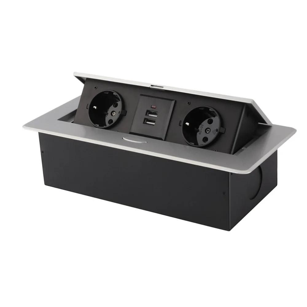 

Newest Practical Silver Round Side Desktop Conference Table Pop-Up Socket 2 Outlets Plug + 2USB Inserts EU Plug