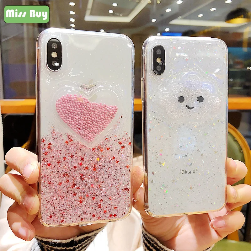 Missbuy For iPhone 8 7 6 6s Plus X Case Cute Heart Clouds Phone Cases Clear Silicone TPU Bling Glitter Star Cell Cover Box |