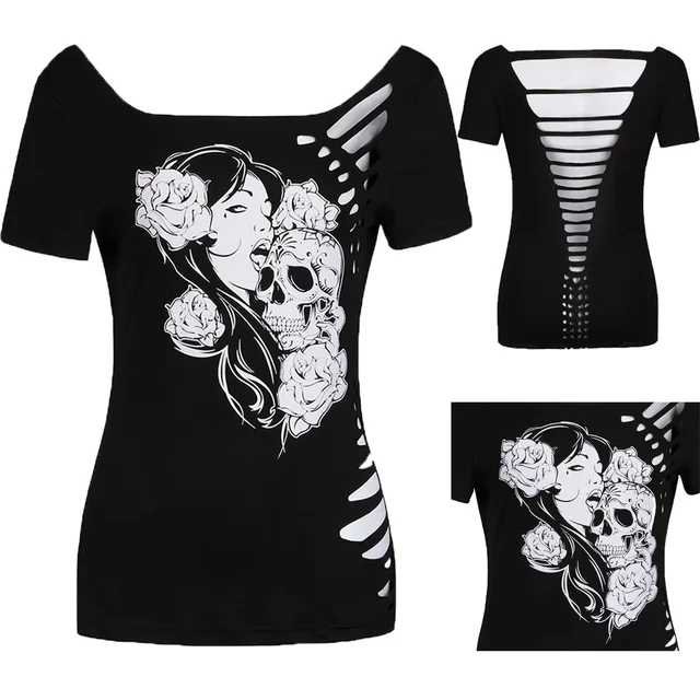 US $5.17 2018 summer sexy burning flowers hollow Skull head T-shirts plus size casual women T-shirt