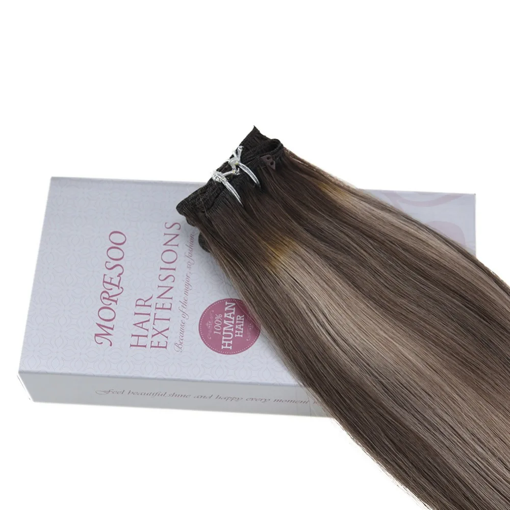 Moresoo Clip in Hair Extensions Machine Remy Human Hair Straight Brazilian Hair 9Pcs/100G Clip Ins 16-24 Inch Double Weft