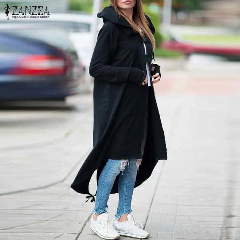 Best 2019 ZANZEA Women Hooded Long Sleeve Zipper Drawstring Casual Irregular Coat Casual Solid Long Jack