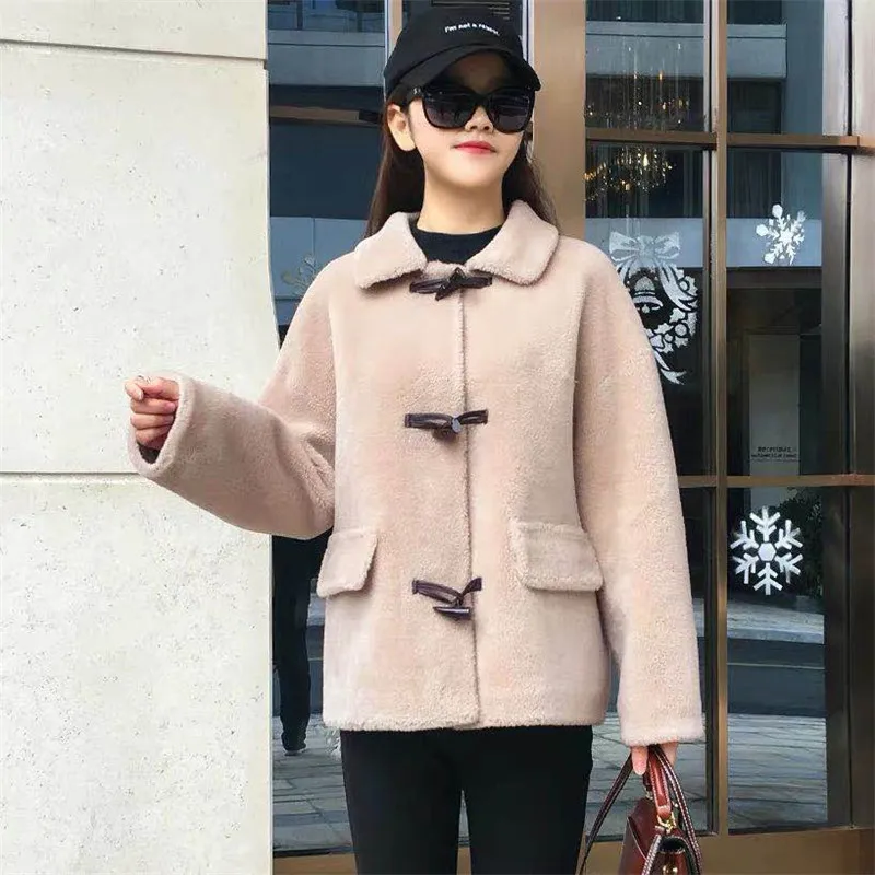 

Woman Granular Wool Coat Solid Color Horn Button Short Korean Version The Small Coat 2019 Autumn Winter Thickening New