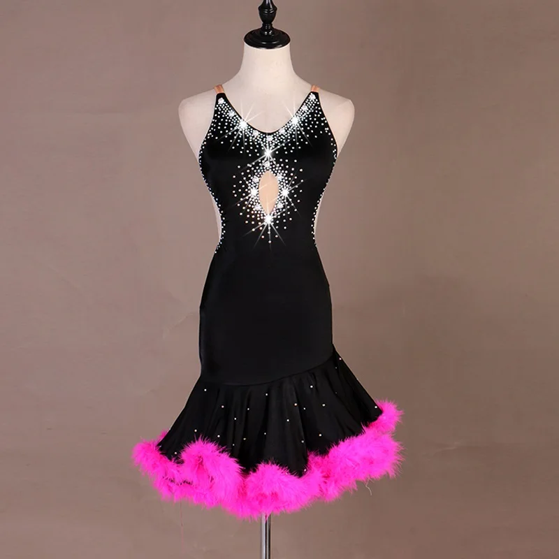 Латинский танец самба платье женское платье для латины соревнование платье кисточкой латинское платье розовый черный мех Lq056