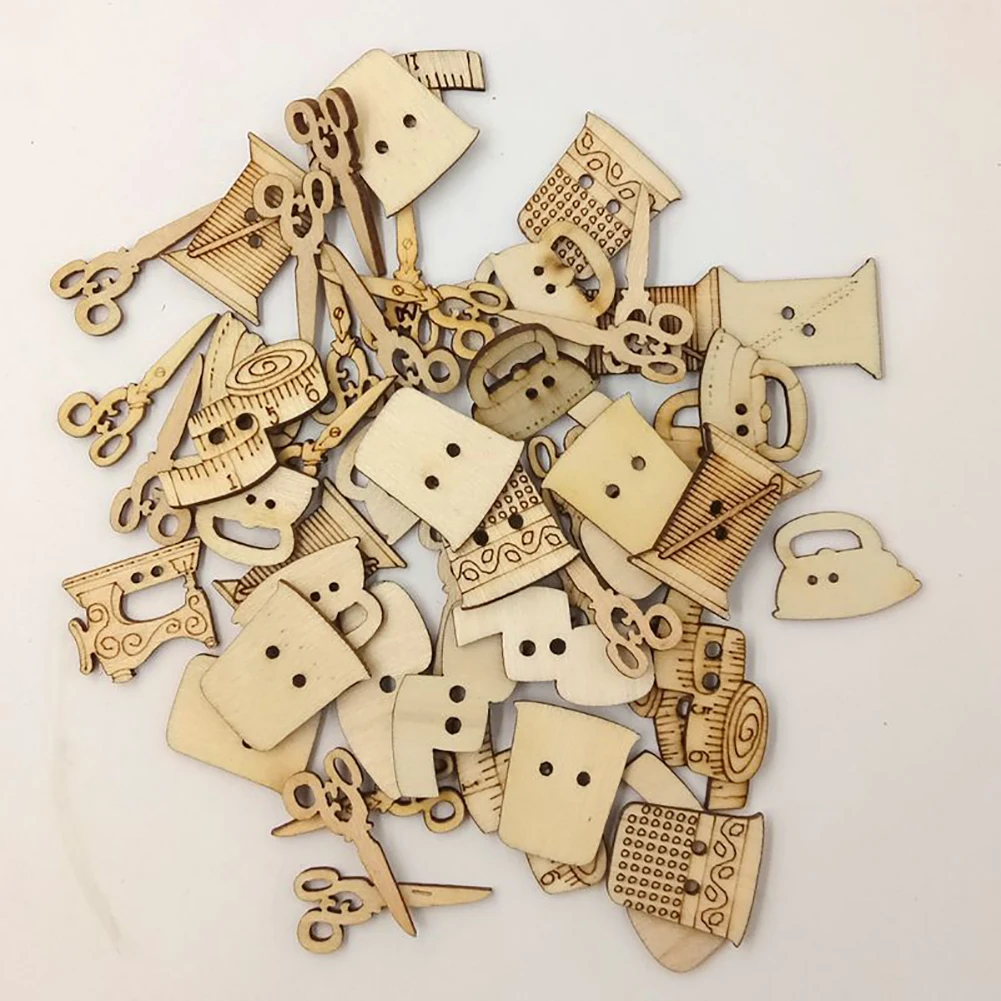50Pcs Cute Sewing Tool Shape Wooden Buttons DIY Needlework Scrapbooking Craft | Дом и сад