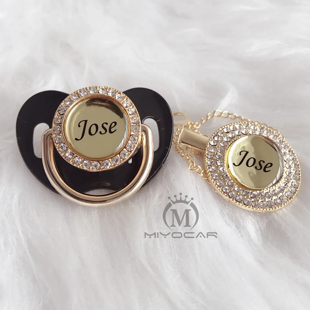 

MIYOCAR Personalized any name 11 colors black cool bling pacifier and pacifier clip BPA free dummy bling unique design P4