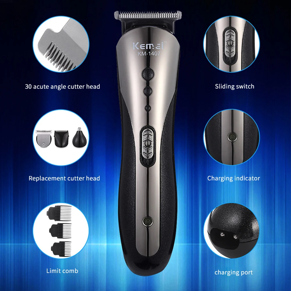 Kemei Portable Electric Hair Clippers Trimmers Nose Beard Trimmer Shaver Hair Cutting Machine With 4 Comb For Men 1407
