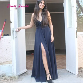 

Navy Blue Bridesmaid Dresses Spaghetti Straps Floor Length Sexy Bridesmaid Dresses Side Slit Vestidos Boda Invitada Mujer
