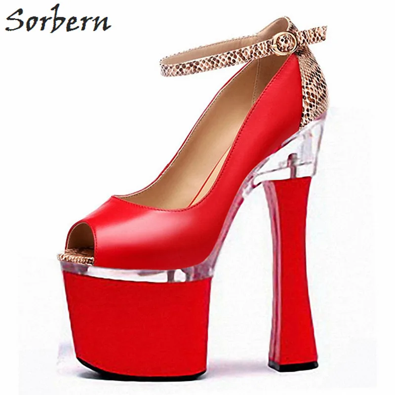 Sorbern; роскошные дизайнерские женские туфли на очень высоком каблуке 20 см; осенние туфли; черные туфли-лодочки; туфли из змеиной кожи с ремешком на щиколотке и закрытой пяткой - Цвет: Red 18cm Heel