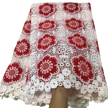 

Red / White Water Soluble Chemical Lace Fabric Nigeria African Wedding Dress Guipure Cord Lace Fabric With Beads X643-7
