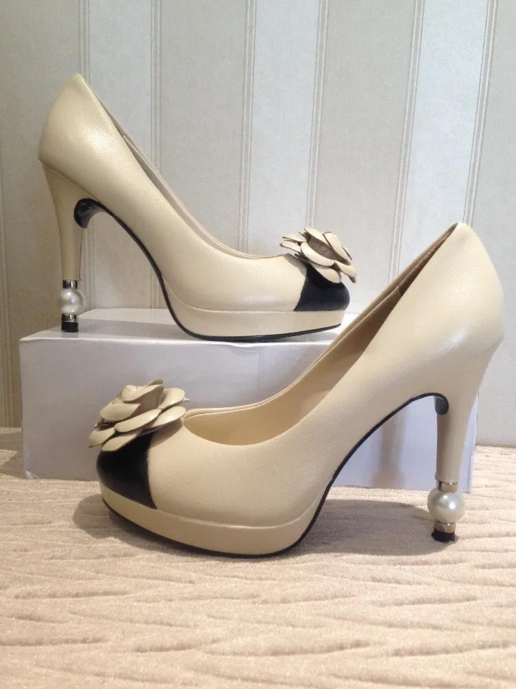 Hot Sale Women Pumps Genuine Leather High Quality Flowers Pearls Heels Beige Black Colors Office Lady Wedding Party Shoes 35-40
