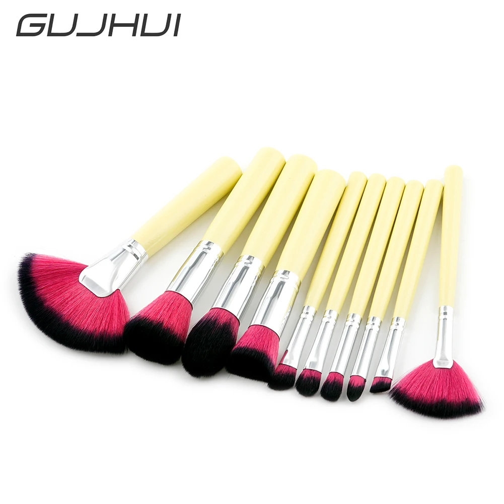 10Pcs/Set Wood Handle Makeup Brushes Powder Flame Nose Eyebrow Mini Fan