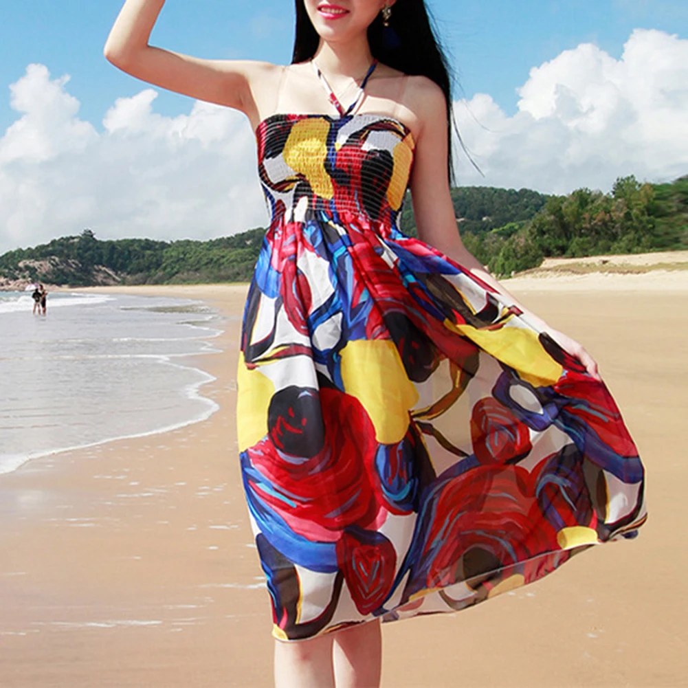 

Fashion Women Multicolor Print Chiffon Halter Strapless Long Summer Beach Dress