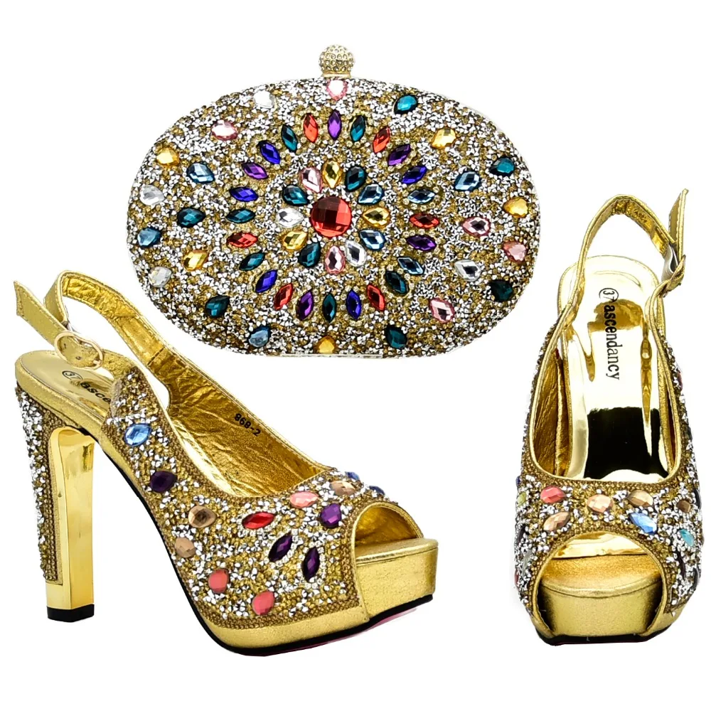 

4.8 high heel sandals shoes gold color shoe and bag set fashion new italian design shoes and bag to match women party SB8200-1