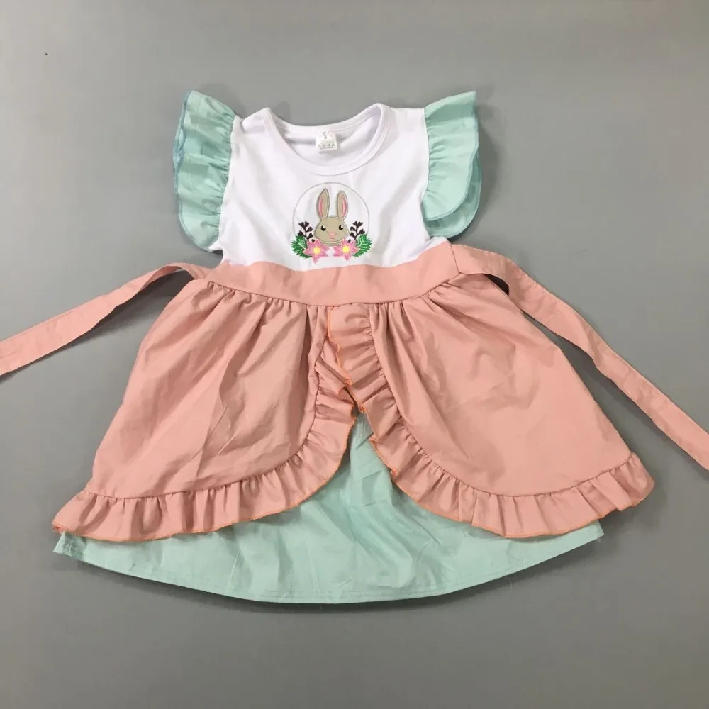 Лидер продаж, новое пасхальное платье детский Модный комбинезон, наряд с вышивкой кролика однотонное платье с рукавами-клеш детская одежда LYQ812-533