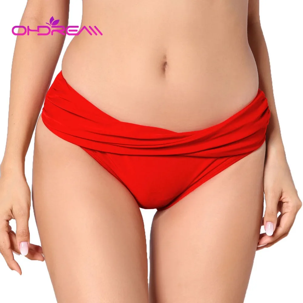 

OHDREAM High Waist Bikini Bottom Front Fold Short Swiming Panties Double Layer Cloth Red Swimwear Women 2018 Mini Bikini -E