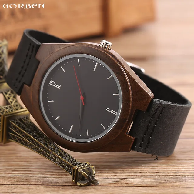 Casual Black Wood Watches Leather Strap 100 Natural Wooden Quartz
