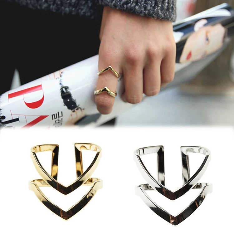 

Fashion Gold Silver Plated Double V-shaped Half Opened Adjustable Vintage Woman Rings Charming Jewelery ring