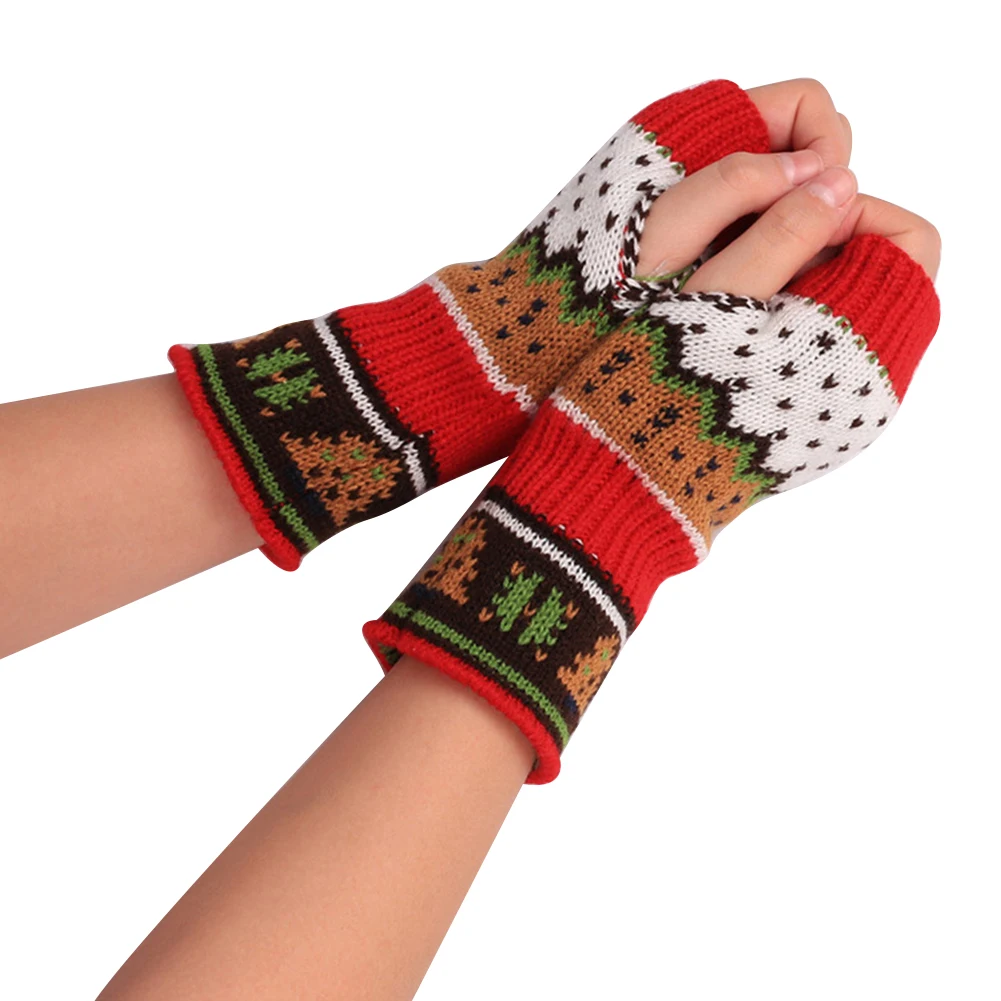 

Christmas Tree Woolen Yarn Winter Warm Half Mitten Women Fingerless Gloves