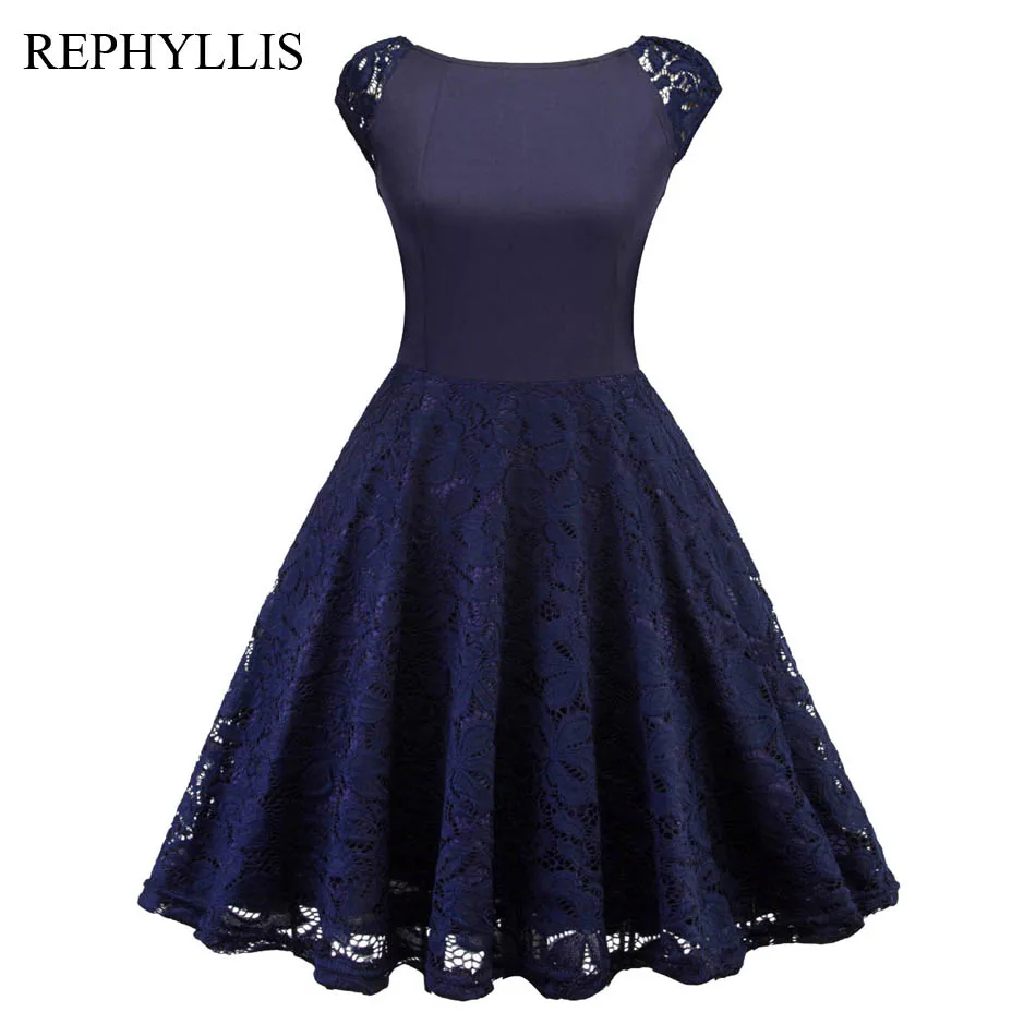 

REPHYLLIS Women Lace Short Sleeve Boat Neck Blue Vintage Vestidos Weeding Party Evening Prom Ceremony Gowns Stitching Dress