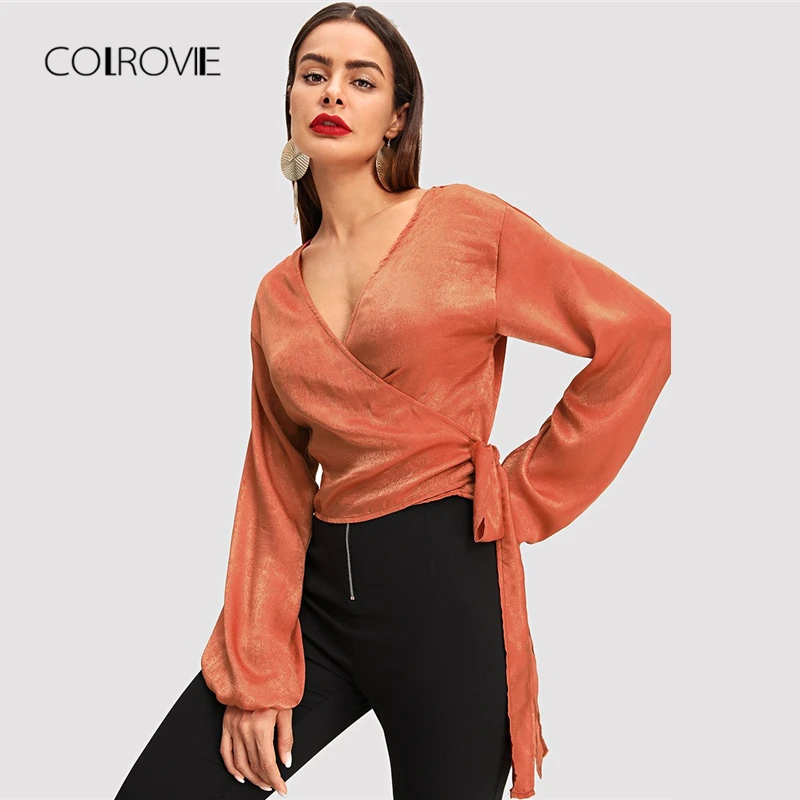 Achat COLROVIE Orange Wrap Élégant Chemisier Femmes 2018 Automne À Manches Longues Filles Travail Blouse Chemise Mode Sexy Femmes Tops Et Blouses
