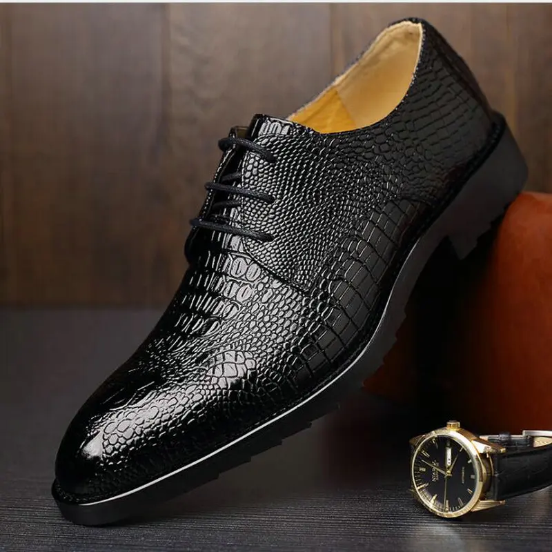 Hot Fashion Men Crocodile Grain Leather Shoes Oxford Men Lace-Up Formal Shoes Man Party Wedding Dress Shoes LE-17 - Цвет: Black