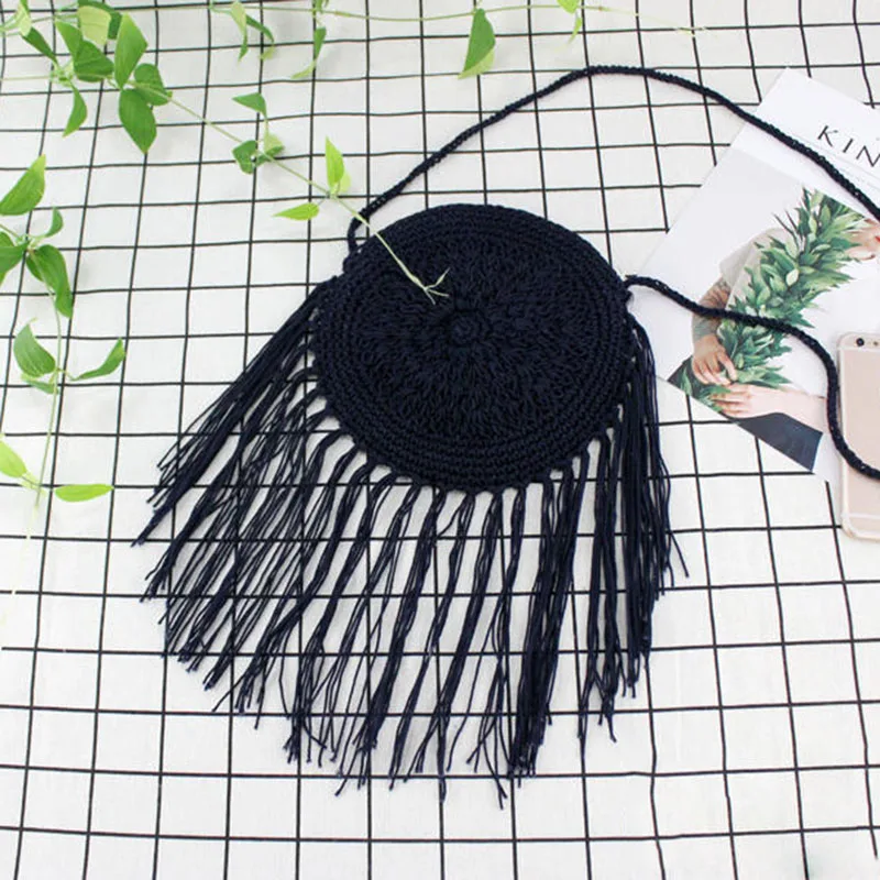 Women Circle Straw Bags Summer Beach Tassel Female INS Popular Shoulder Bag Lady Casual Handmade Weave Round Crossbody SS3108 (6)