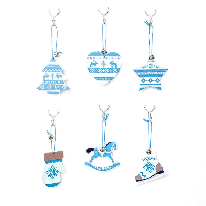

3 PCs Wooden Craft Hanging Ornaments Christmas Drop Pendant Blue Painted Gloves Shoes Heart Star Xmas Tree Decoration 7*7 cm