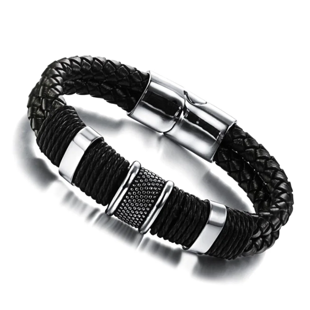 

Bracelets Buckle Leisure Type Inverted Magnetic Button Leather Black Bangle -22CM/20CM/18.5CM long