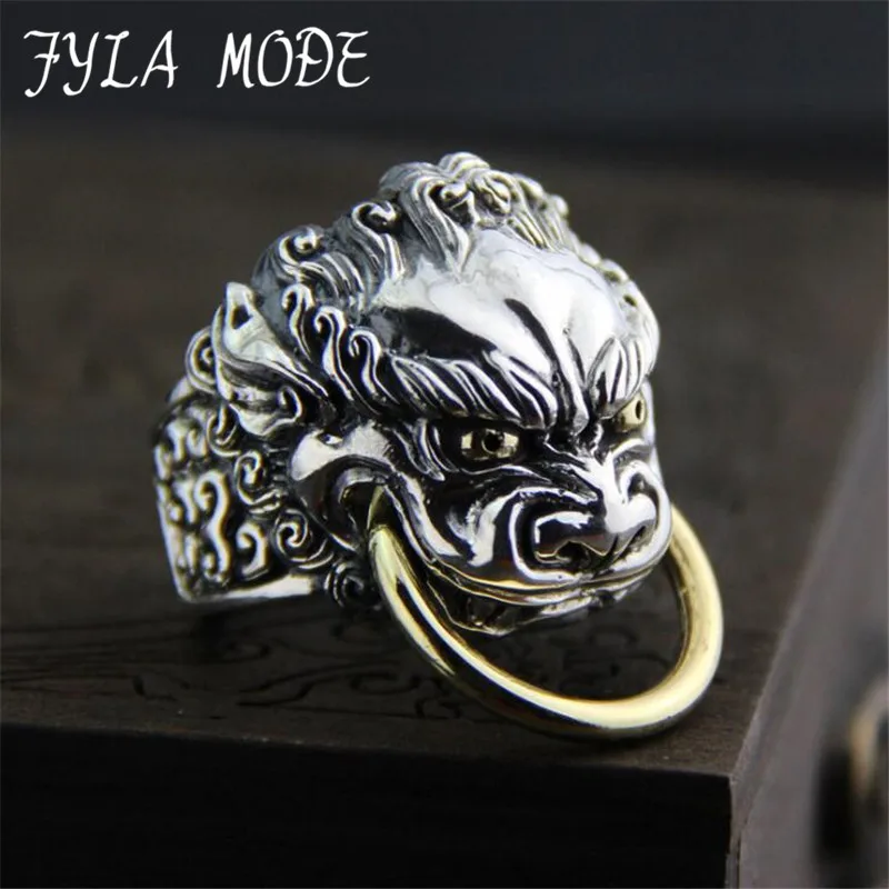 

2017 Unique S925 Sterling Silver Biker Gothic Lion Head Ring High Quality Black Heavy Thai Men's Rings 33.80mm 31.30G PBG023