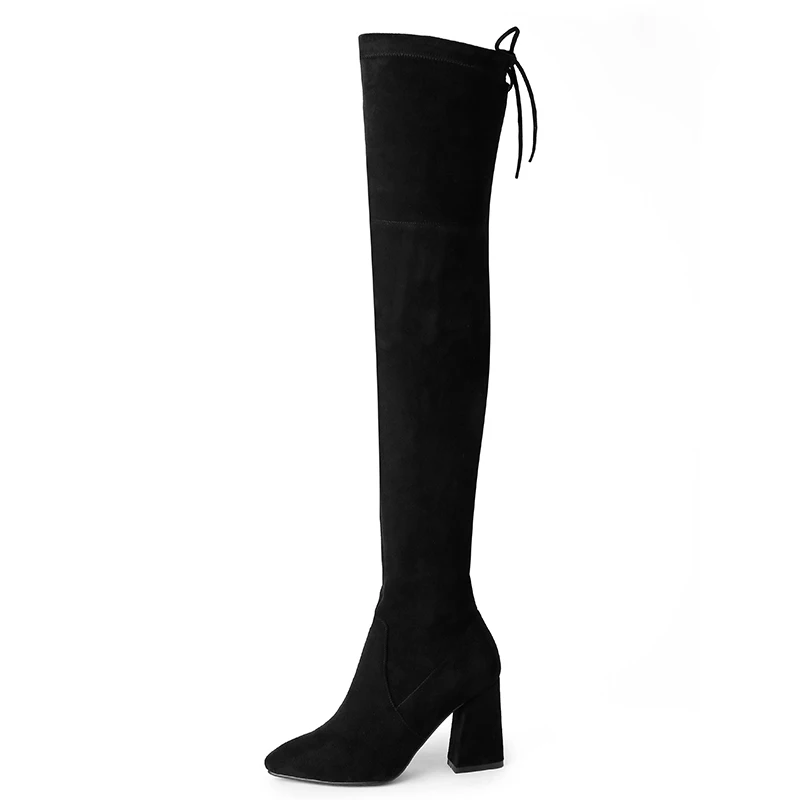 Women Stretch Faux Suede Thigh High Boots Sexy Fashion Over the Knee Boots High Heels Woman Shoes Black N087 - Цвет: Черный