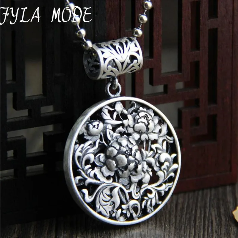 

Wholesale S999 Silver Round Hollow Flower Necklace Pendant Solid Silver Handmade Customized Cute Peony Pendant DIY Jewelry