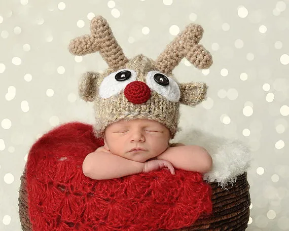

Newborn hat,children's crochet cartoon Christmas reindeer hat.Handmade Children Baby hat Beanie Photo props 100pcs/lot