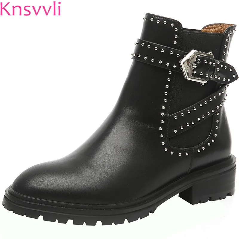 

Genuine leather rivets women short boots autumm round toe low heel chelsea boots ladies black thick bottom winter shoes women