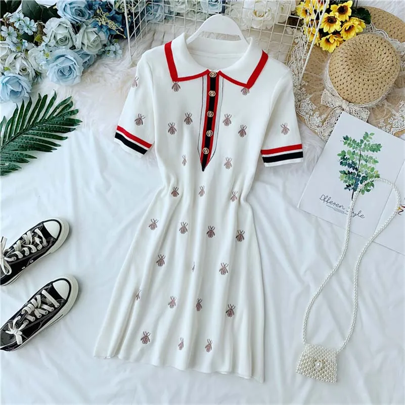 NiceMix Summer Dress Elegant Casual Women Embroidery bee Turn-down Collar shirt dresses Buttons Knitting Mini Office Lady Dress - Цвет: Белый