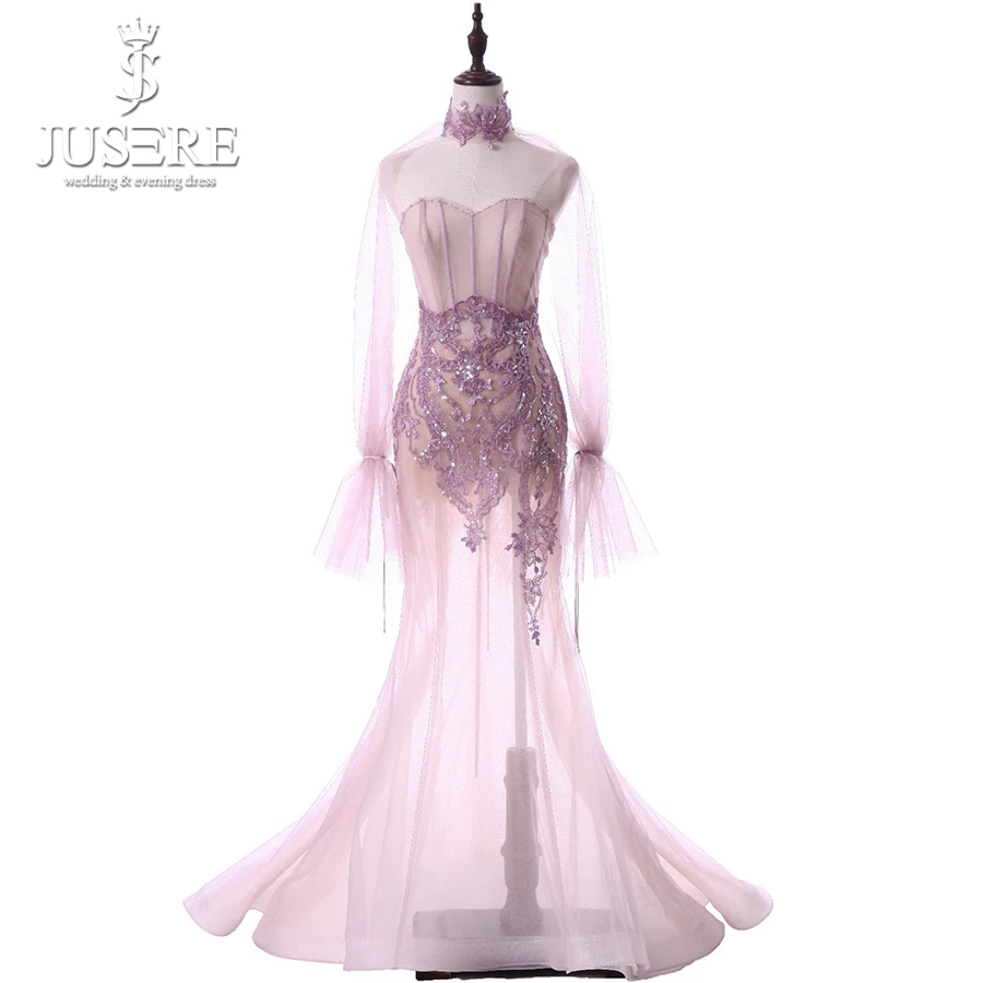 Robe De Soiree 2019 Jusere Boning Bodice Illusio Mermaid Evening Dress Long Sleeves Sexy See Through Party Dresses Formal Gowns