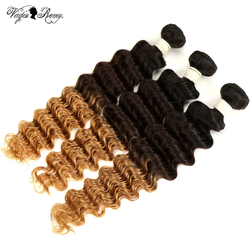 Queen Virgin Remy Deep Wave Bundles Ombre Brazilian Human Hair Weave Bundles T1B/4/27 Honey Blonde Hair Extensions 1 3 4 Bundles
