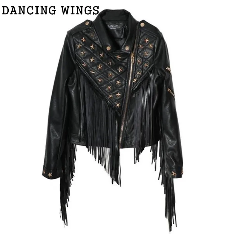 discounted  Spring Jacket Women Personality Long Tassel Rivets PU Leather Short Motorcycle Leather Jacket Black