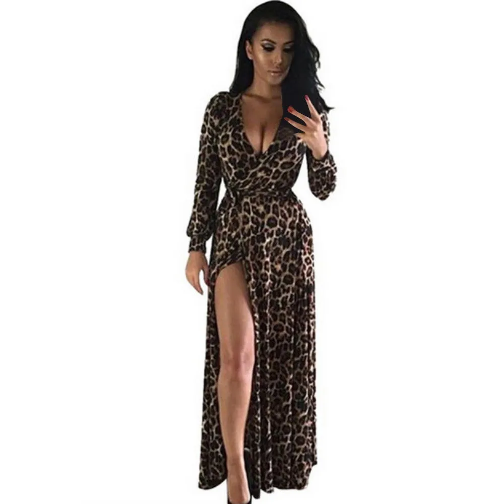 

Feitong Leopard Print Women Dress New Summer Fashion V-Neck Long Dress Sexy Nightclub Split Maxi Dress Womens Dresses 2018